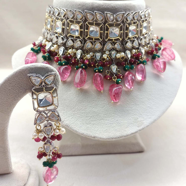 Rose gold and green rhodium plated Victorian necklace set with intricate design and sparkling gemstones