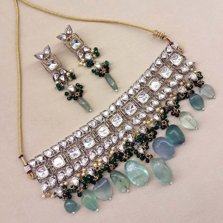 Beautiful Bushra Mint Green Rhodium Plated Victorian Necklace Set with intricate design