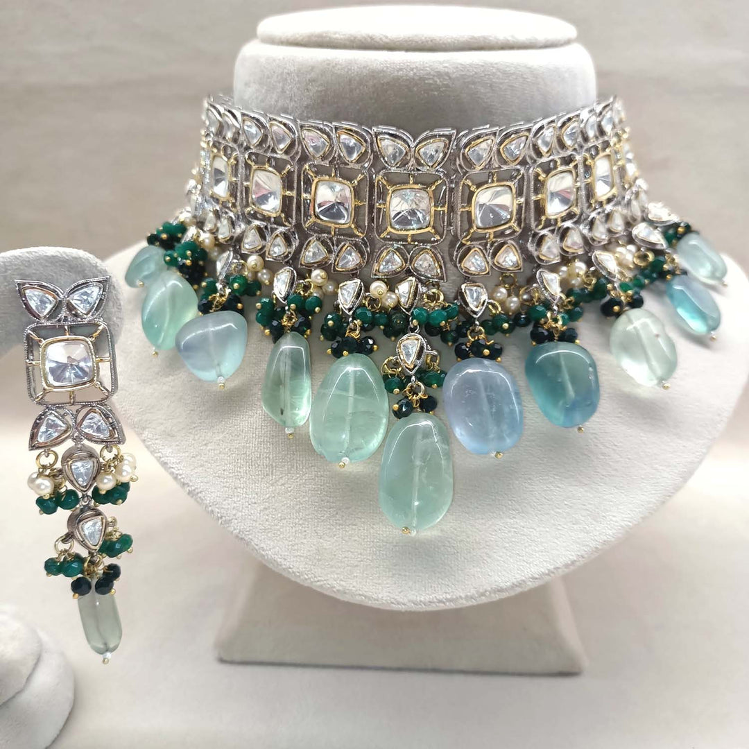 Beautiful Bushra Mint Green Rhodium Plated Victorian Necklace Set for women
