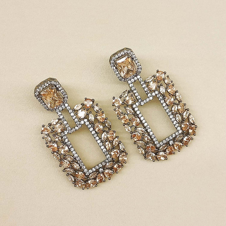 Disha Diamond Work Rhodium Plated Copper Victorian Earrings with intricate detailing and sparkling gemstones
