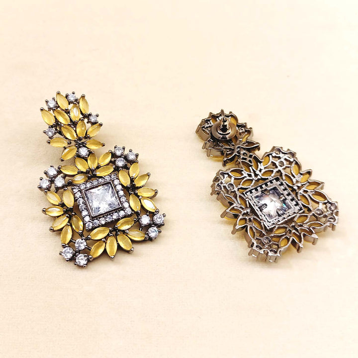 Charulata Diamond Work Rhodium Plated Mustard Yellow Victorian Earrings for elegant and vintage-inspired fashion statement