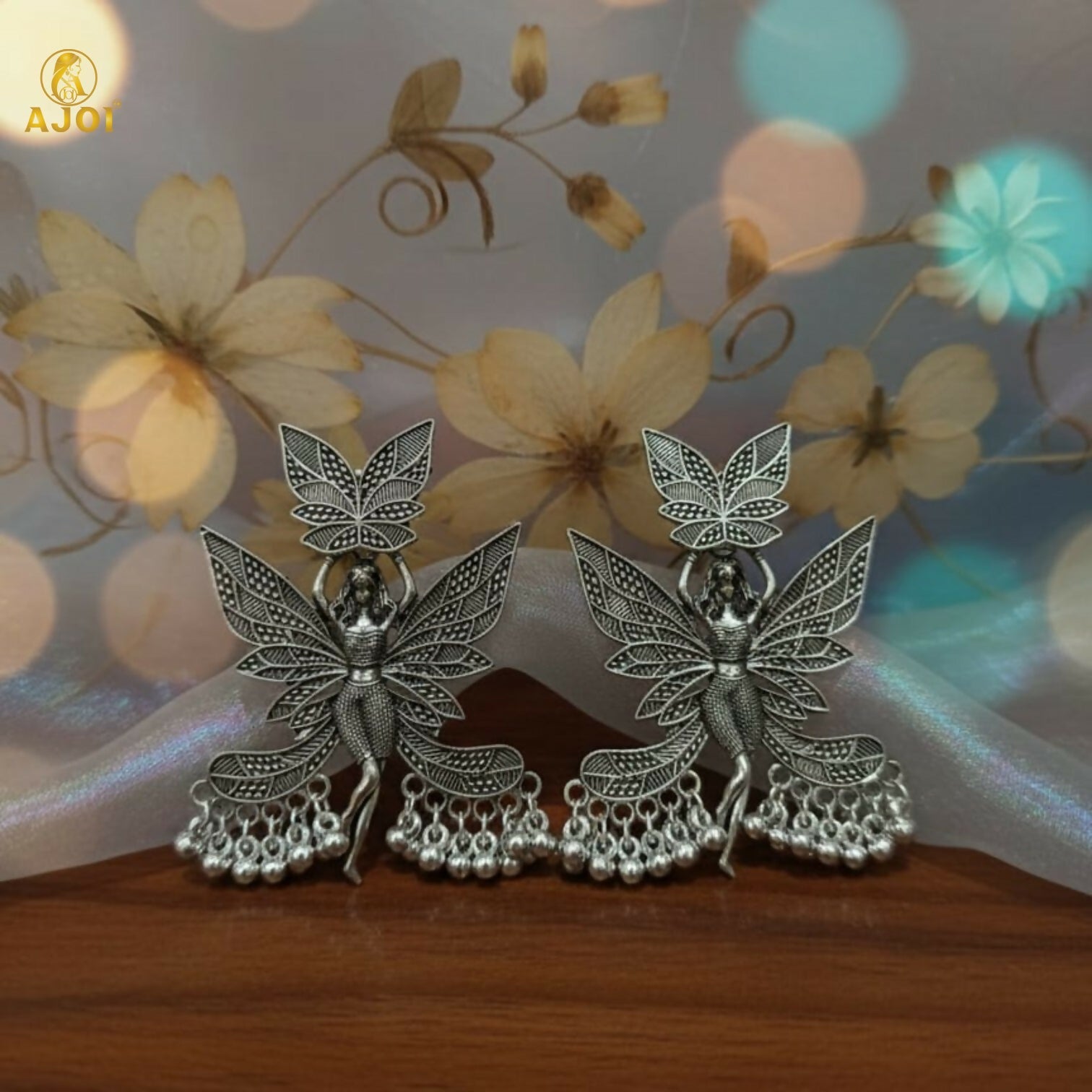 Enchanted Fairy Wing Oxidized Silver Statement Earrings with Dangling Beads