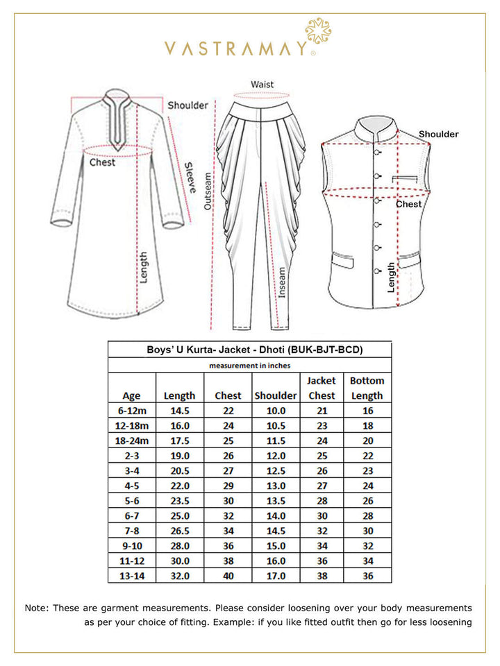 VASTRAMAY Boy's Navy Blue Golden Printed Nehru Jacket With Gold Kurta And Maroon Dhoti Set - qivii