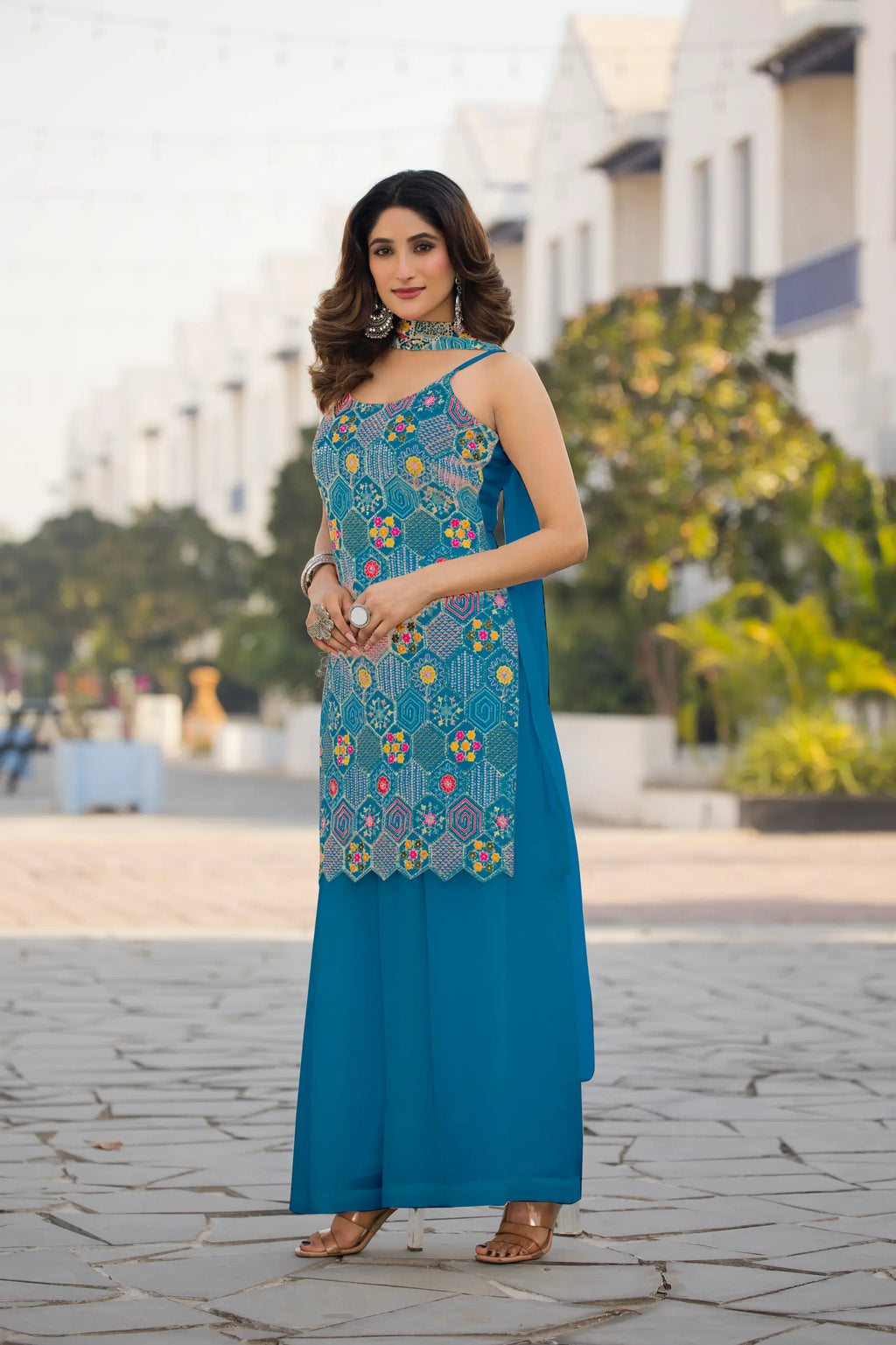 Blue Chinon Sequence Embroidery Work Salwar Suit