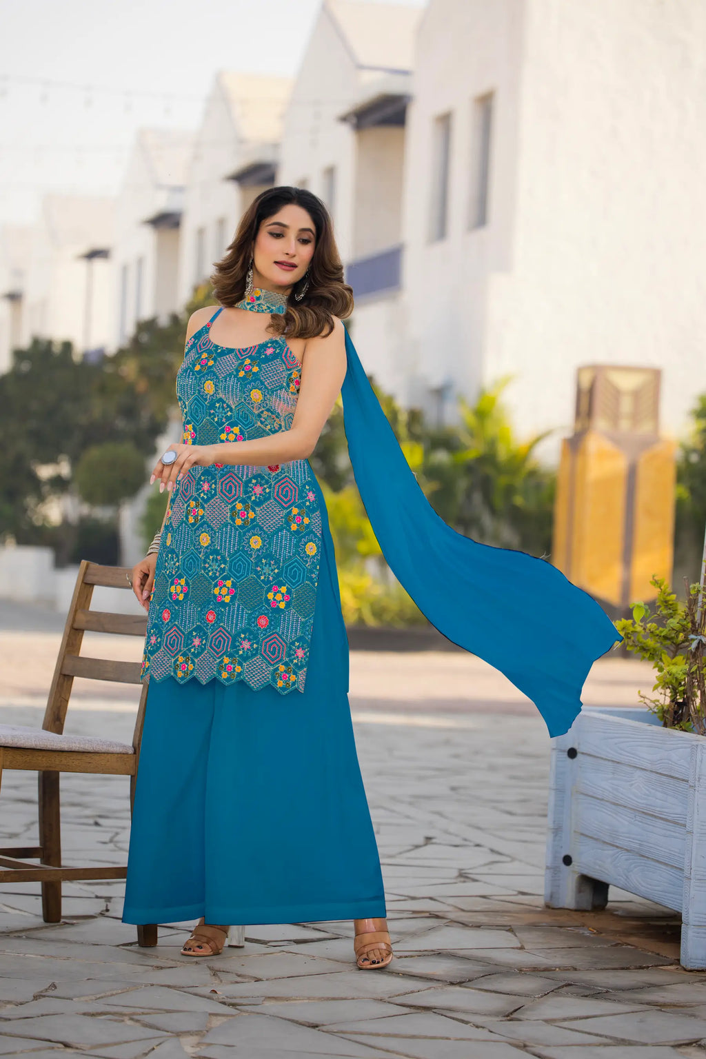 Blue Chinon Sequence Embroidery Work Salwar Suit