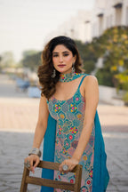 Blue Chinon Sequence Embroidery Work Salwar Suit