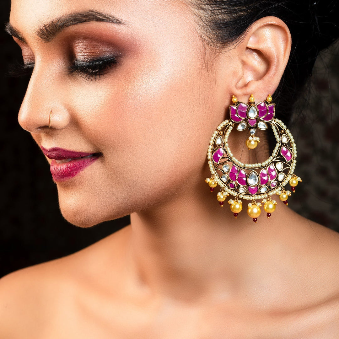 Anju Majenta Pachi Kundan Gold Plated Chandbali - qivii