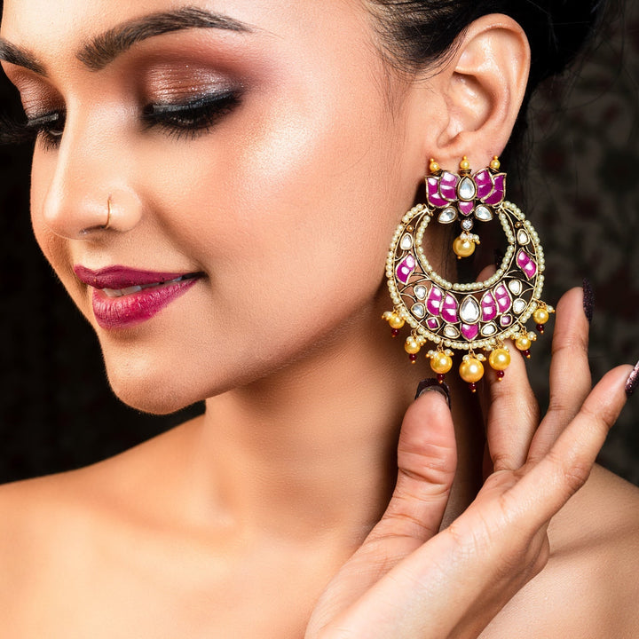 Anju Majenta Pachi Kundan Gold Plated Chandbali - qivii