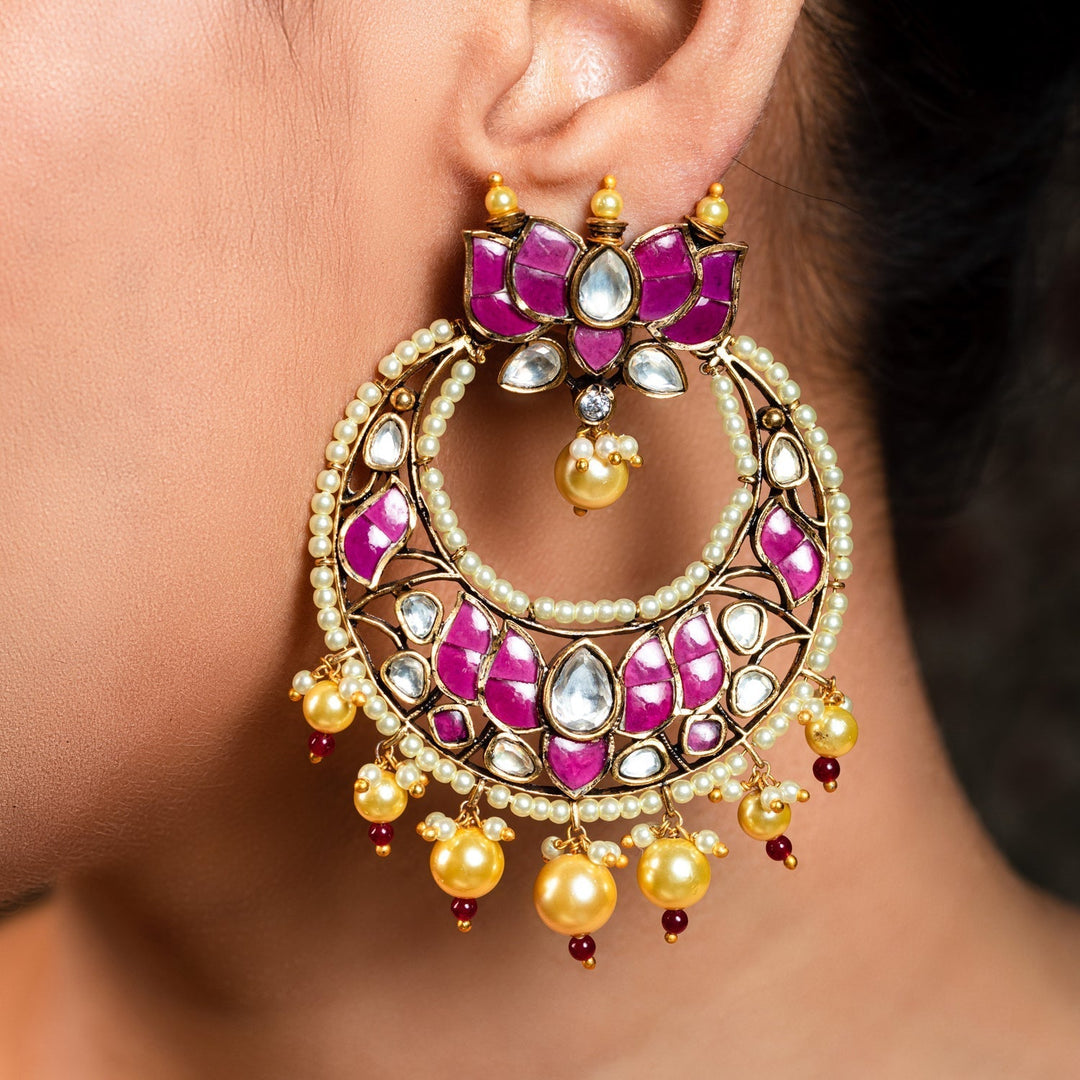 Anju Majenta Pachi Kundan Gold Plated Chandbali - qivii