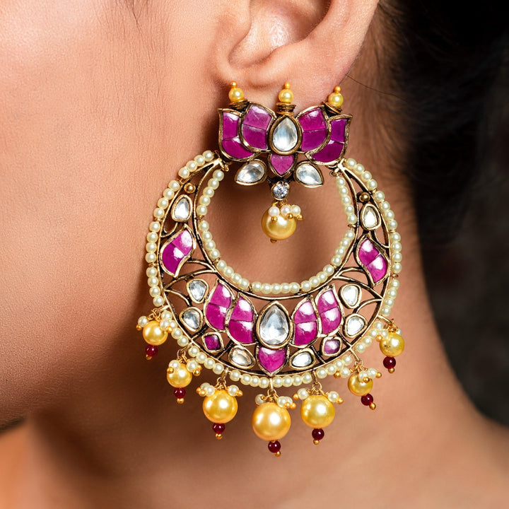 Anju Majenta Pachi Kundan Gold Plated Chandbali - qivii