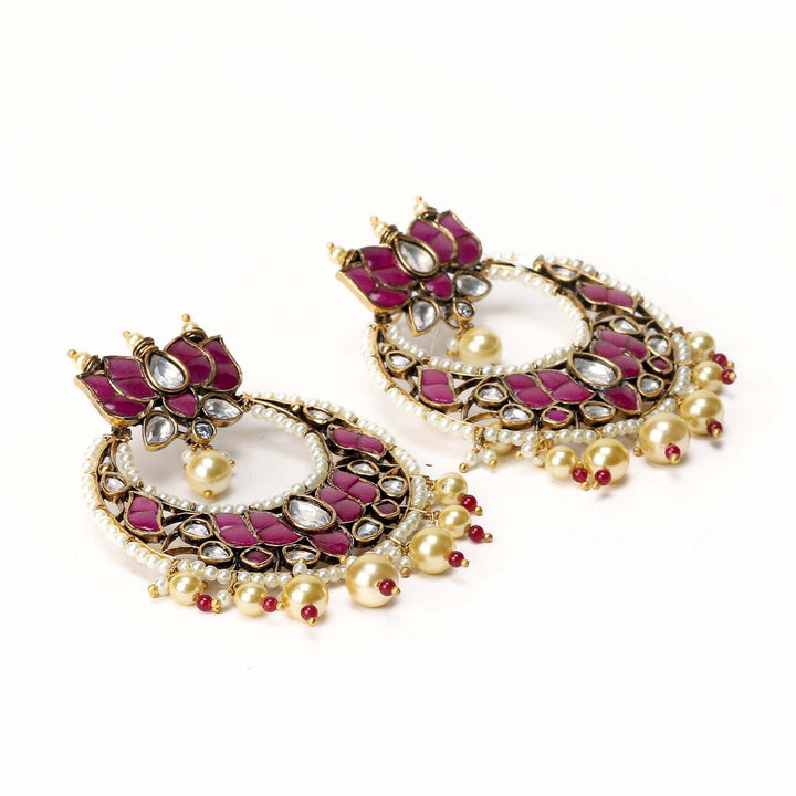 Anju Majenta Pachi Kundan Gold Plated Chandbali - qivii