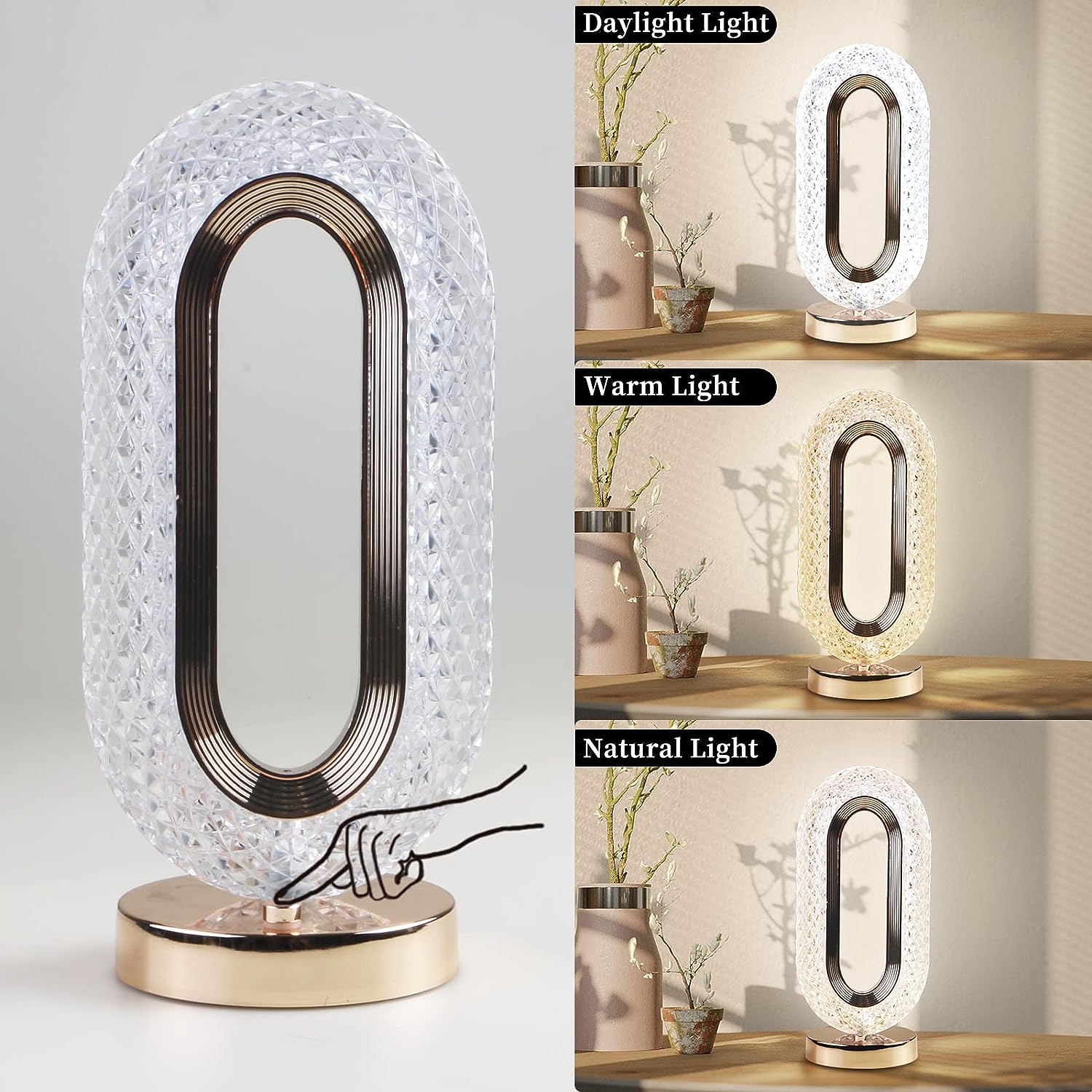 LED Crystal Table Lamp – Touch Control, USB Rechargeable, 3-Way Dimmable Decorative Bedside Night Light