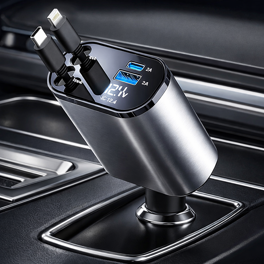 120W 4-in-1 Detachable Fast Car Charger with Built-in Cables & Smart Voltage Display
