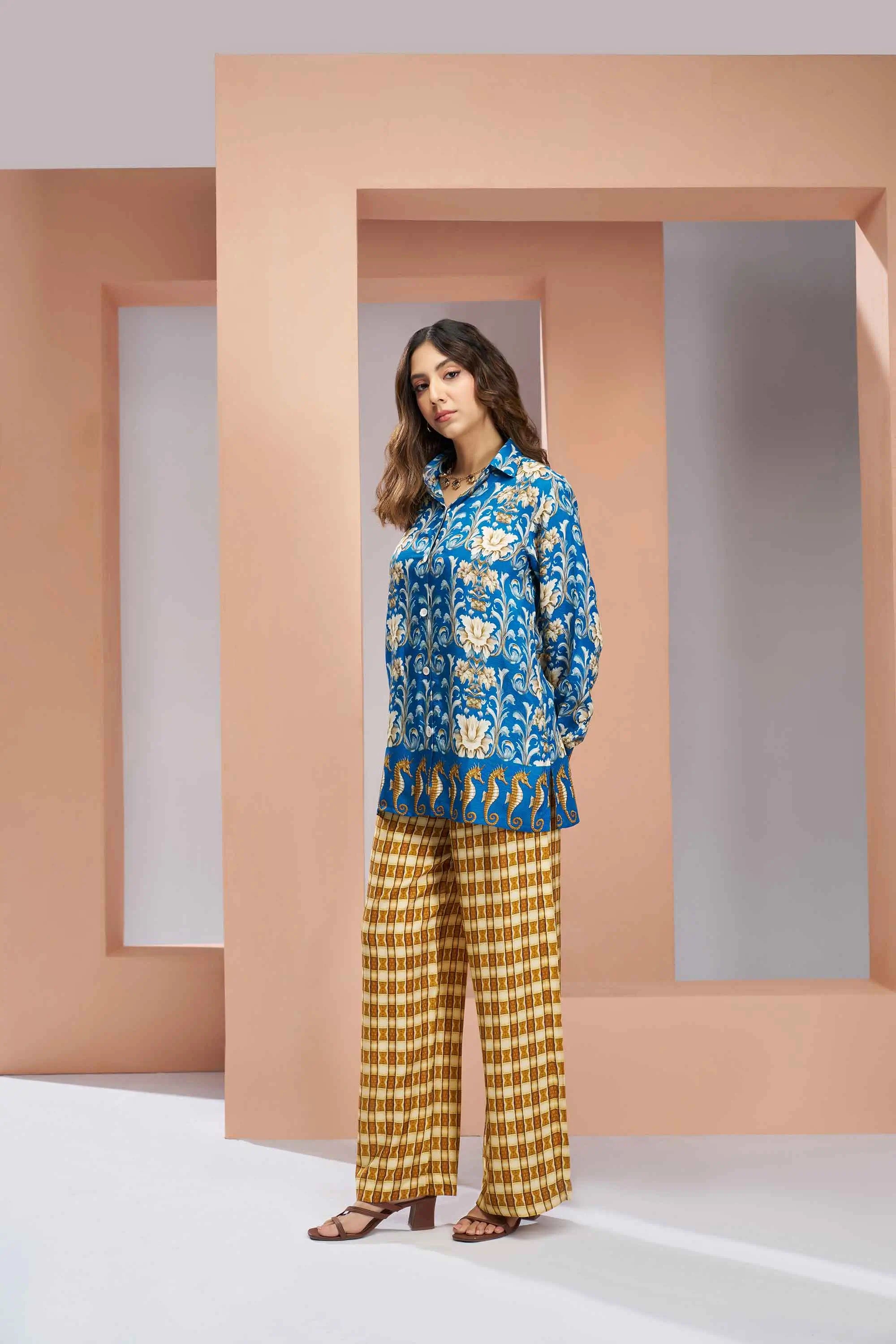 Royal Blue Pure Muslin Silk Printed Co-ord Set