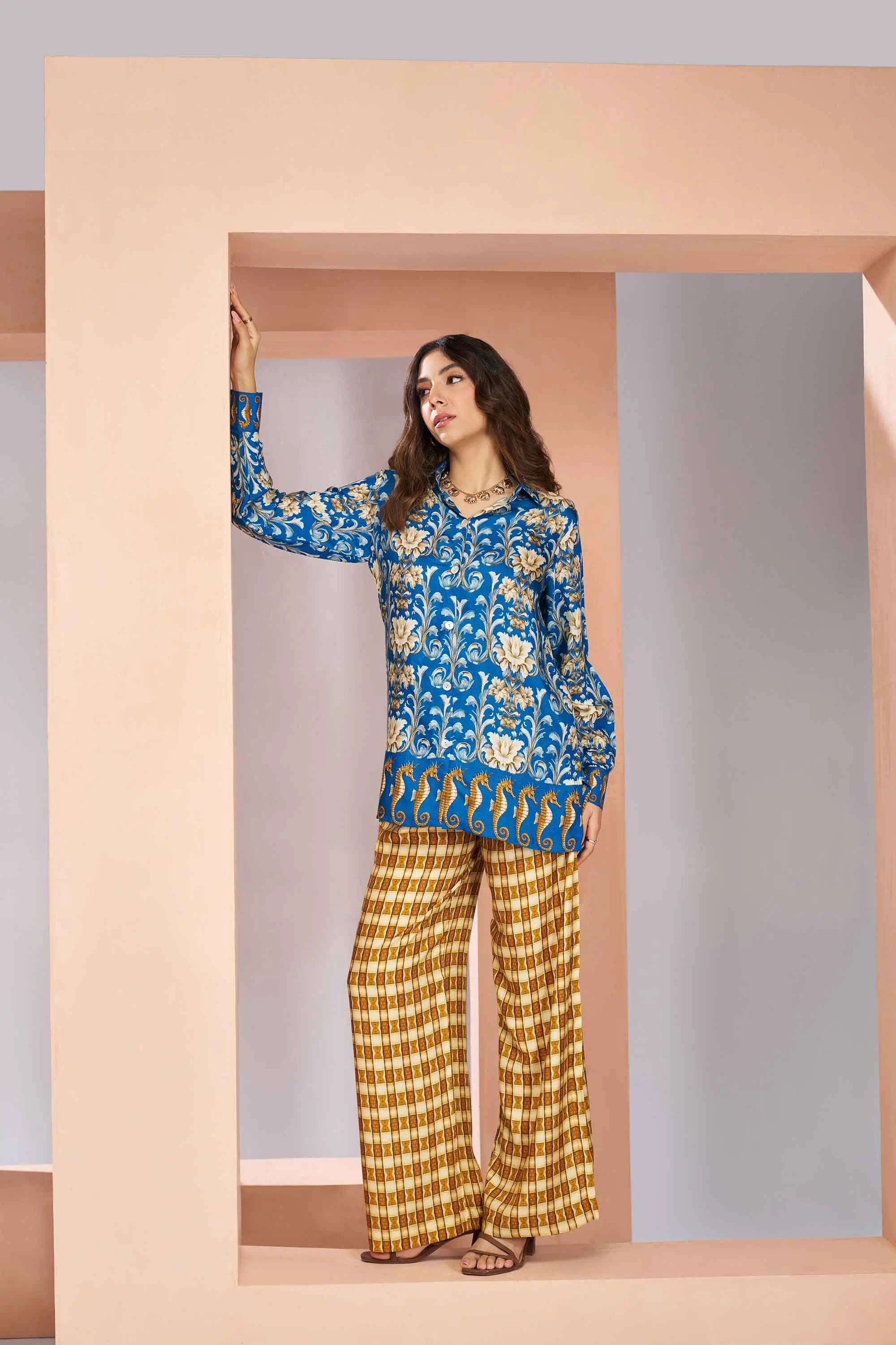 Royal Blue Pure Muslin Silk Printed Co-ord Set