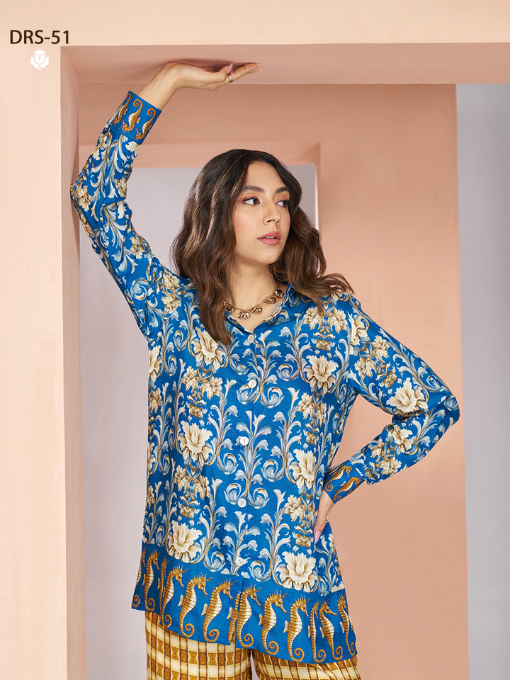 ROYAL BLUE PURE MUSLIN SILK PRINTED SHIRT PANT - qivii