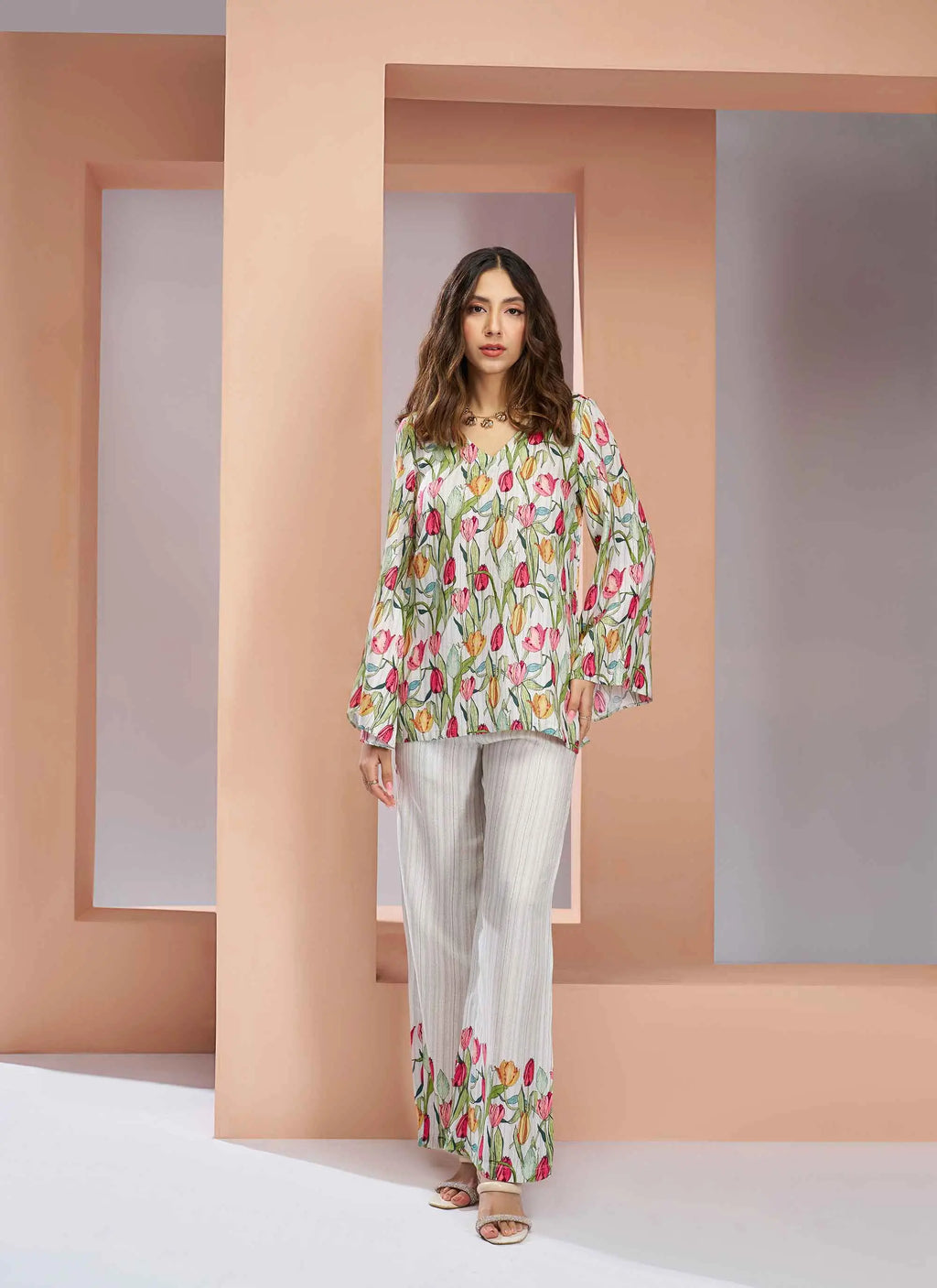 White Pure Muslin Silk Floral Print Co-ord Set