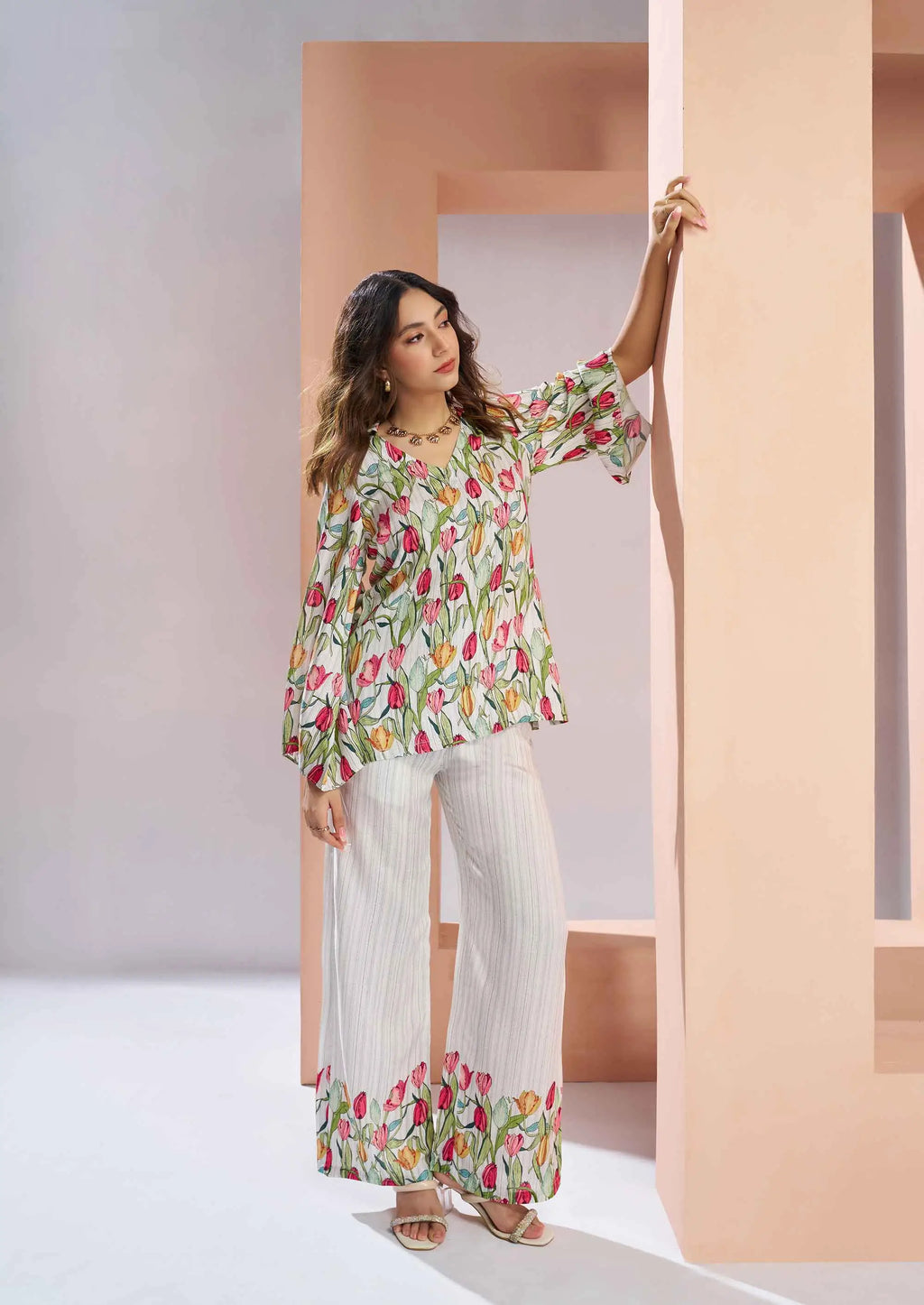 White Pure Muslin Silk Floral Print Co-ord Set