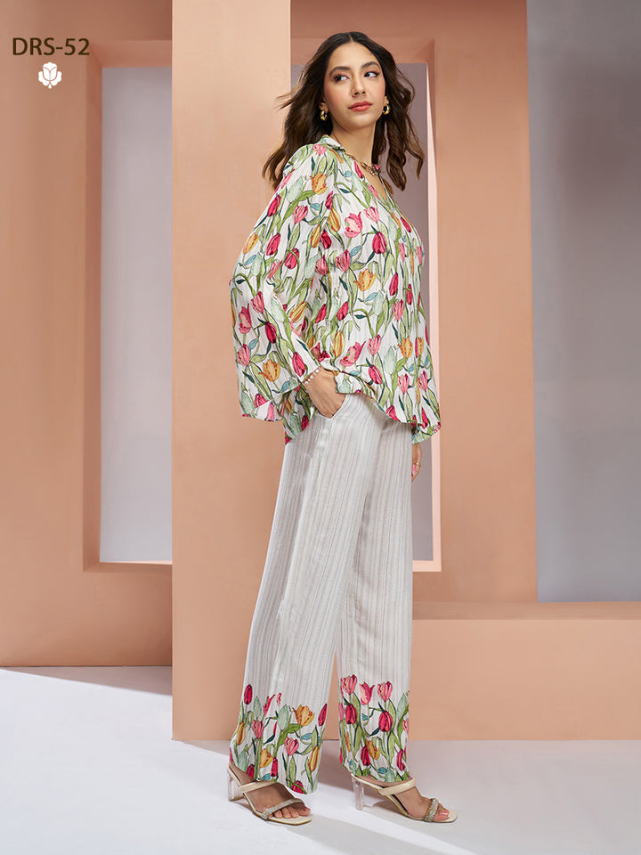 WHITE PURE MUSLIN SILK PRINTED SHIRT PANT - qivii