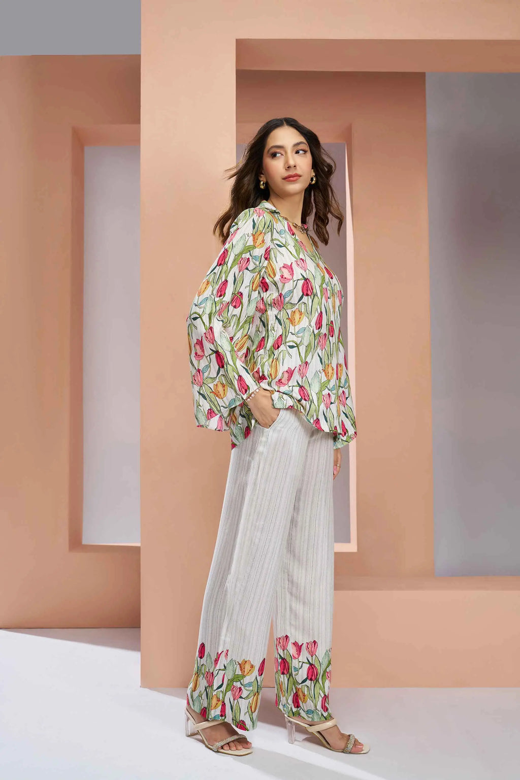 White Pure Muslin Silk Floral Print Co-ord Set