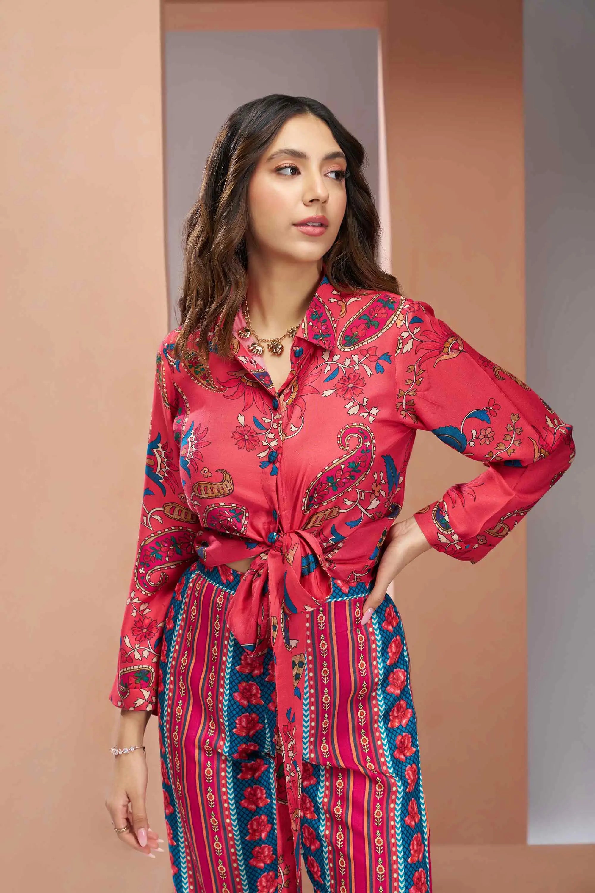 Coral Pink Pure Muslin Silk Printed Co-ord Set