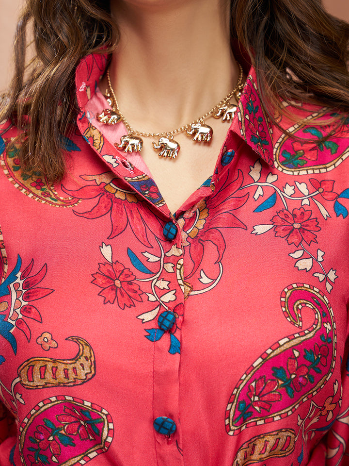 PINK PURE MUSLIN SILK PRINTED SHIRT PANT - qivii