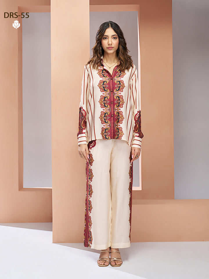 CREAM PURE MUSLIN SILK PRINTED SHIRT PANT - qivii