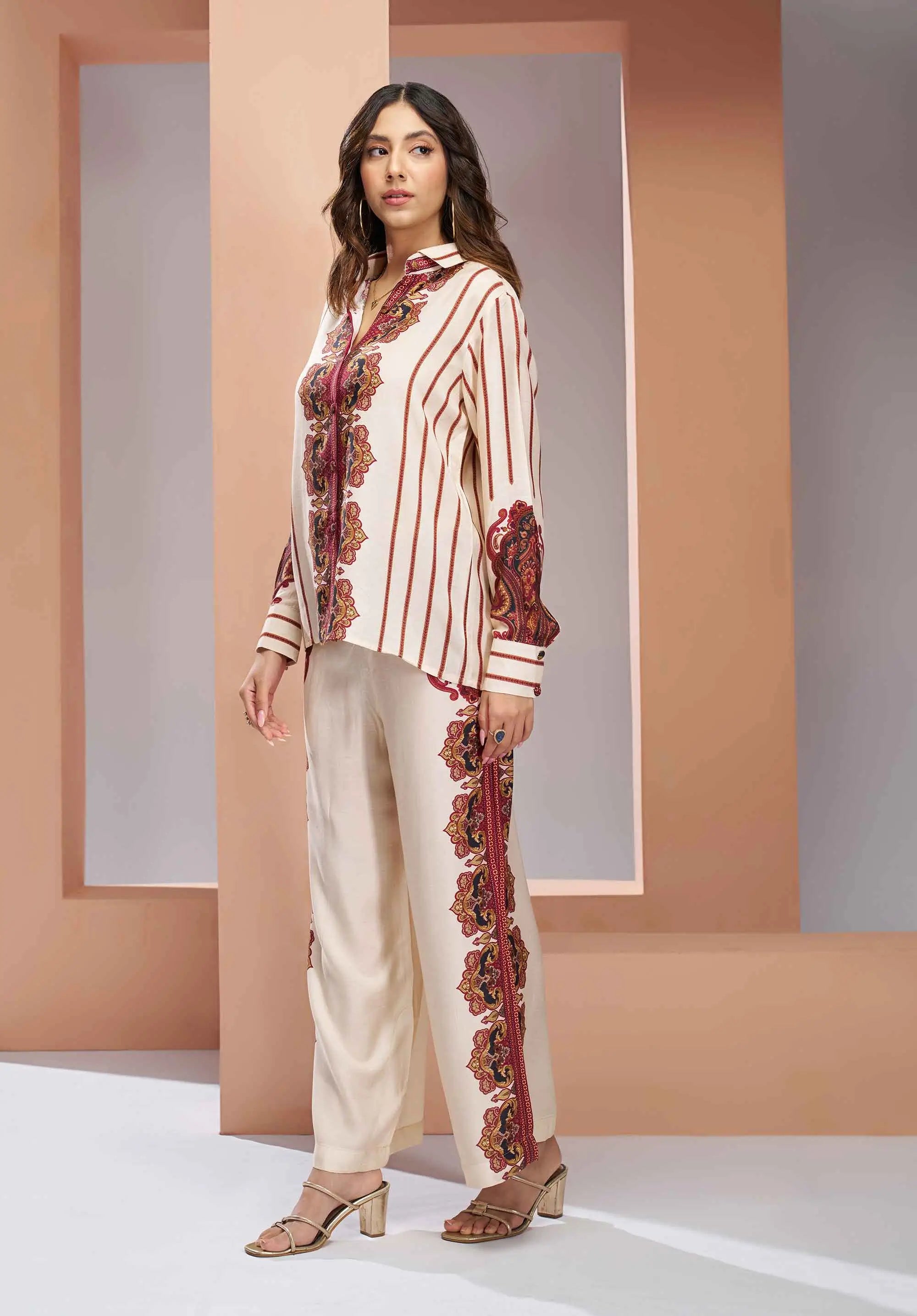 Cream Pure Muslin Silk Printed Co-ord Set