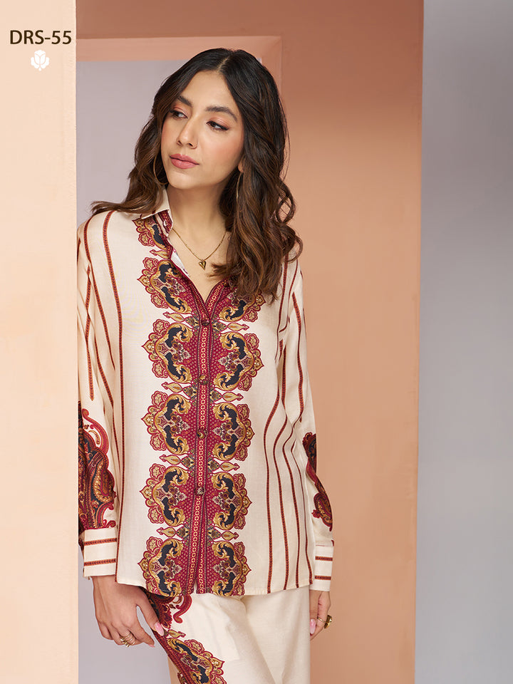 CREAM PURE MUSLIN SILK PRINTED SHIRT PANT - qivii