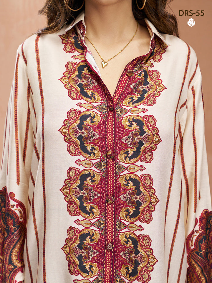 CREAM PURE MUSLIN SILK PRINTED SHIRT PANT - qivii