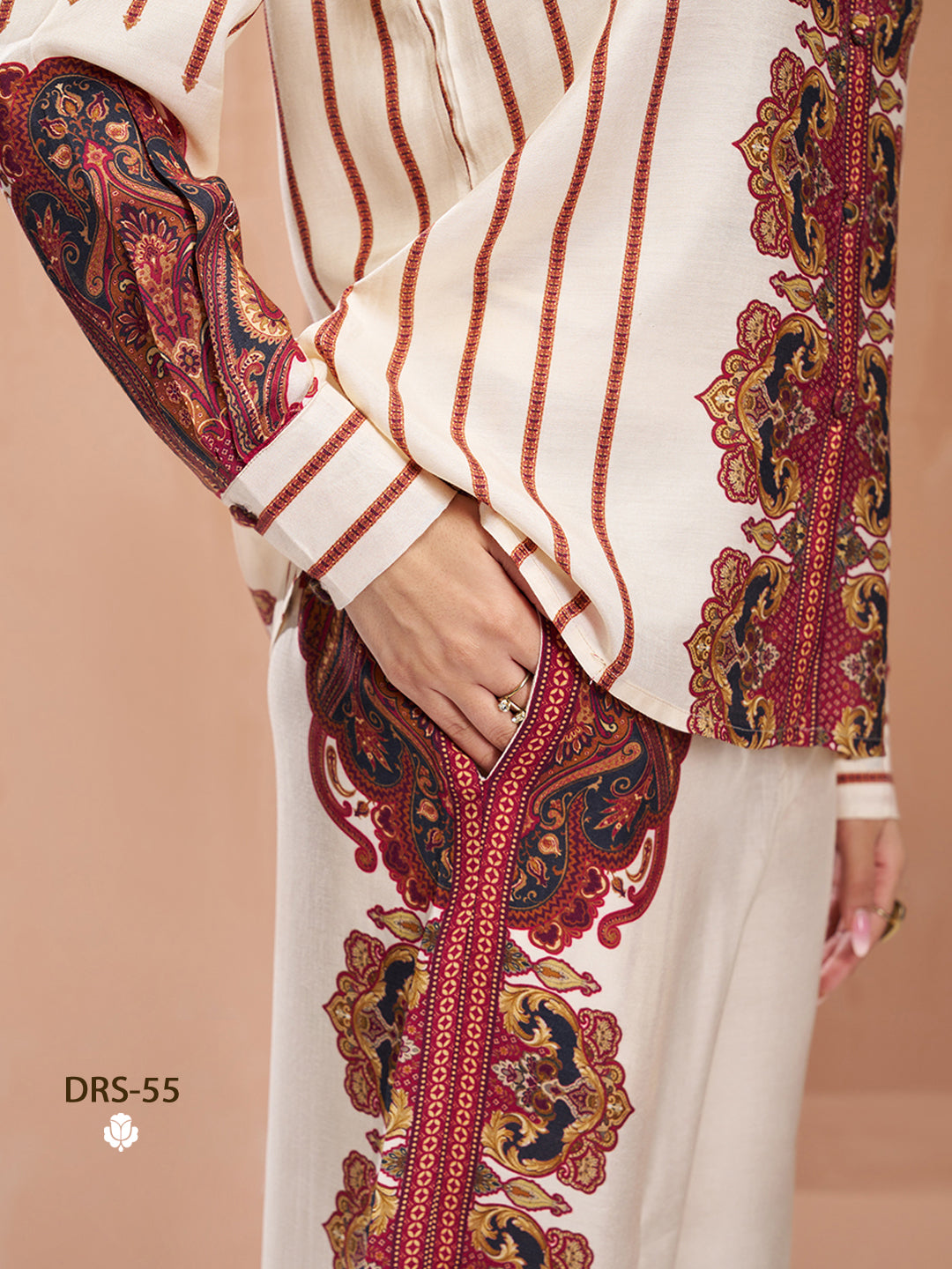 CREAM PURE MUSLIN SILK PRINTED SHIRT PANT - qivii