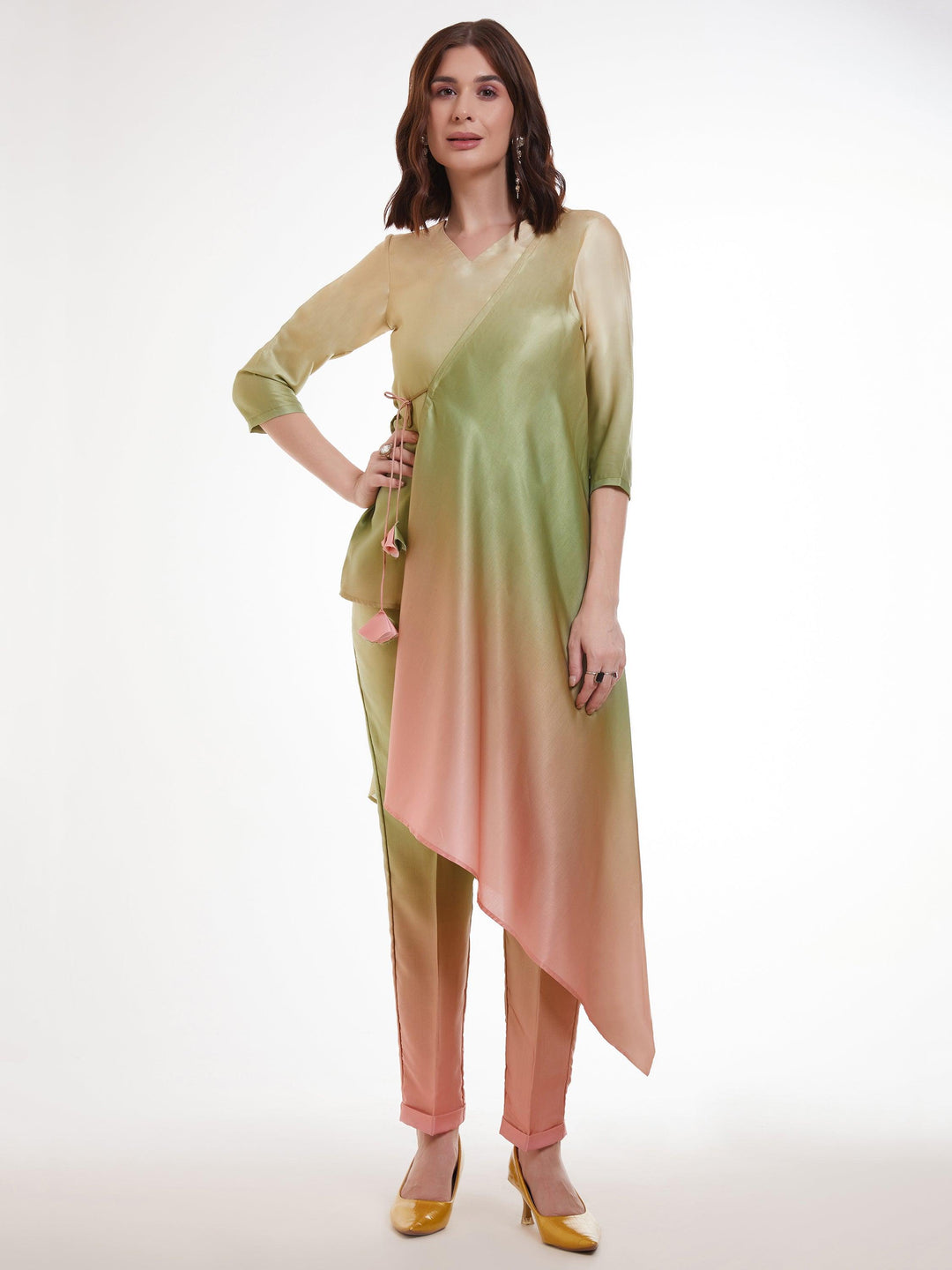  Ombre green satin kurta set with slight color variation may occur due to photographic reasons