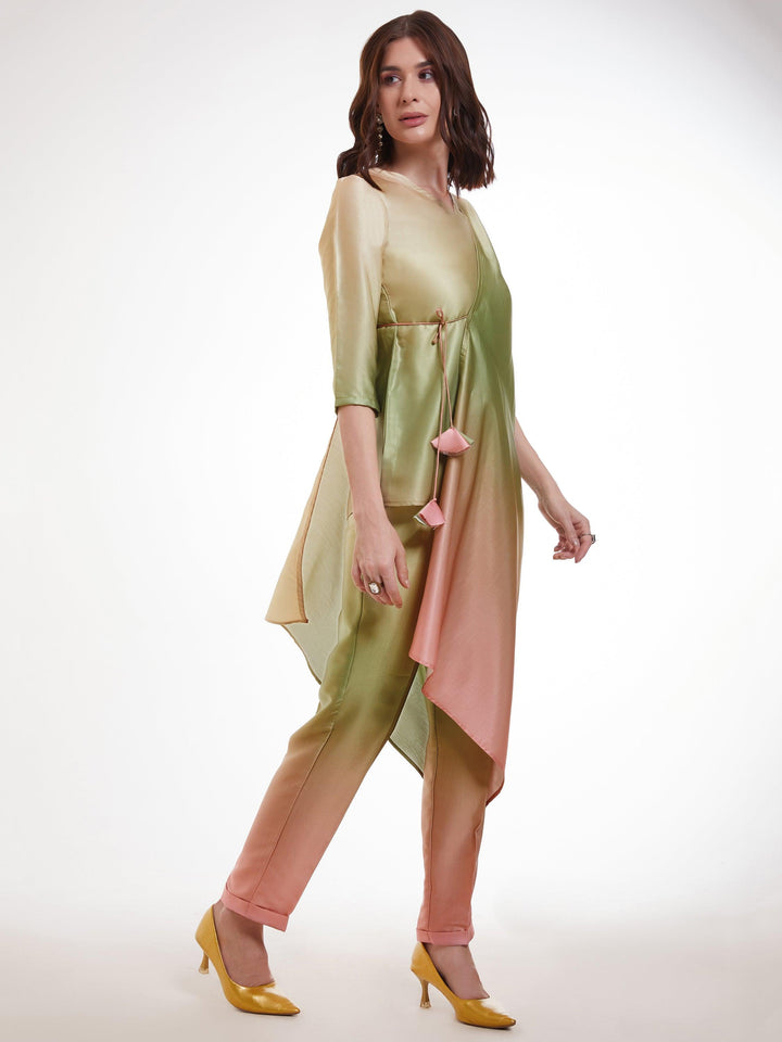  Fully stitched ensemble in rich ombre green satin with matching pants for a graceful and confident look 