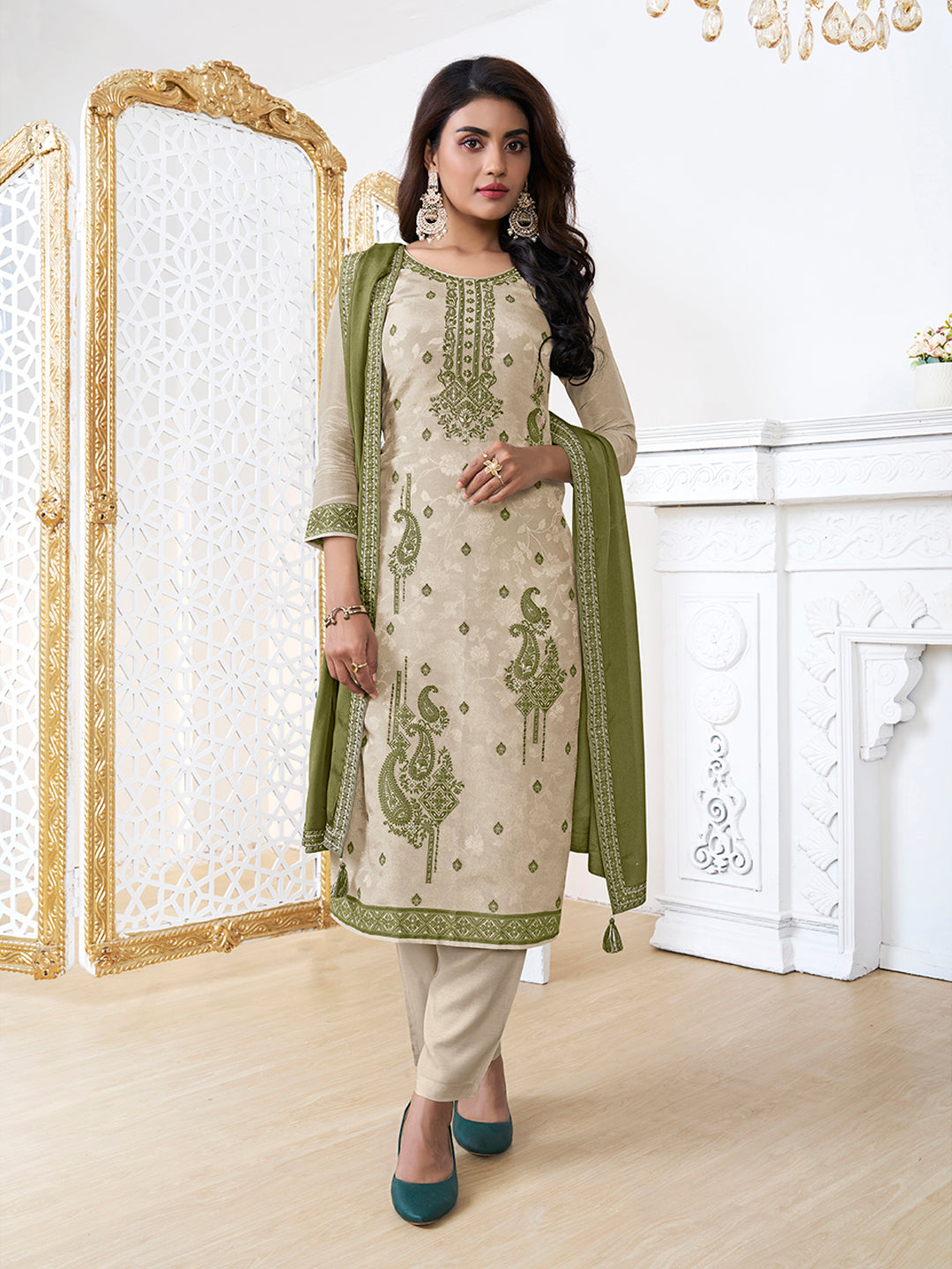 Cream Tissue Embossed Jacquard Kurta Suit Set with Green Contrast Dupatta - qivii