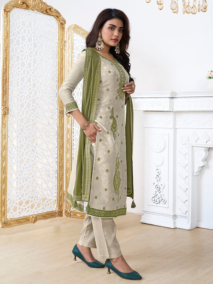 Cream Tissue Embossed Jacquard Kurta Suit Set with Green Contrast Dupatta - qivii