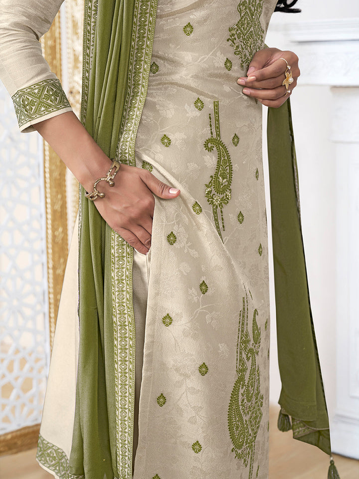 Cream Tissue Embossed Jacquard Kurta Suit Set with Green Contrast Dupatta - qivii