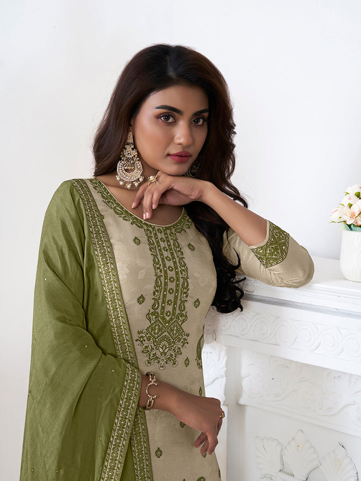 Cream Tissue Embossed Jacquard Kurta Suit Set with Green Contrast Dupatta - qivii