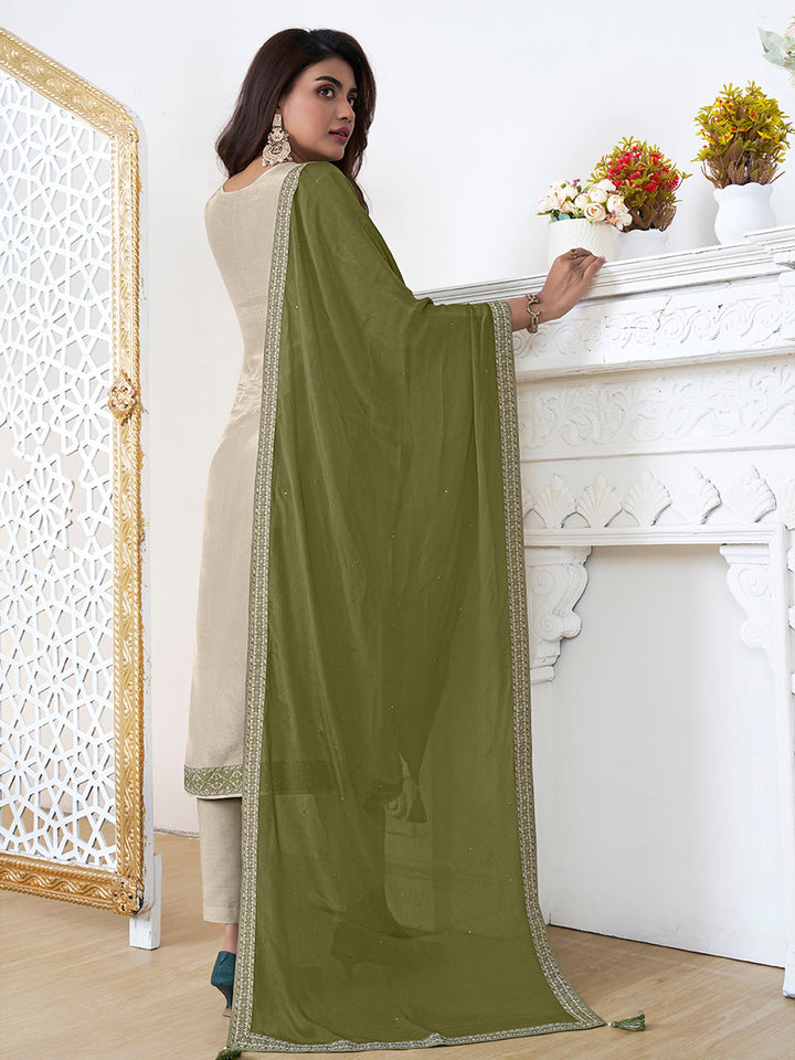 Cream Tissue Embossed Jacquard Kurta Suit Set with Green Contrast Dupatta - qivii