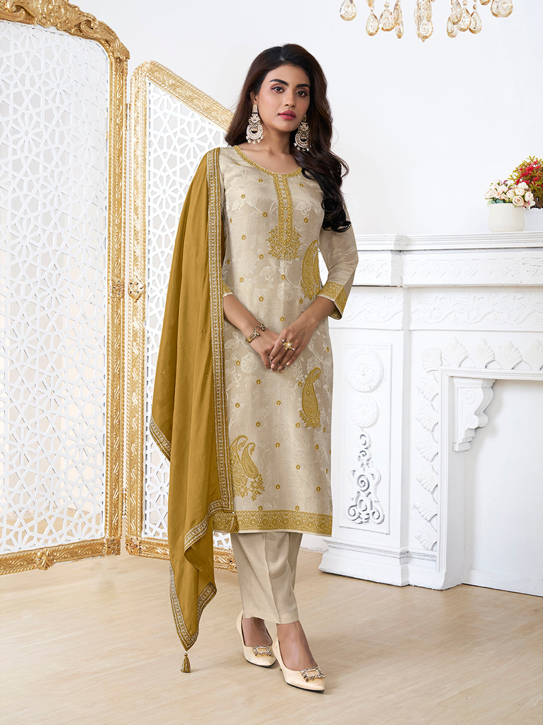 Cream Tissue Embossed Jacquard Kurta Suit Set with Yellow Contrast Dupatta. - qivii