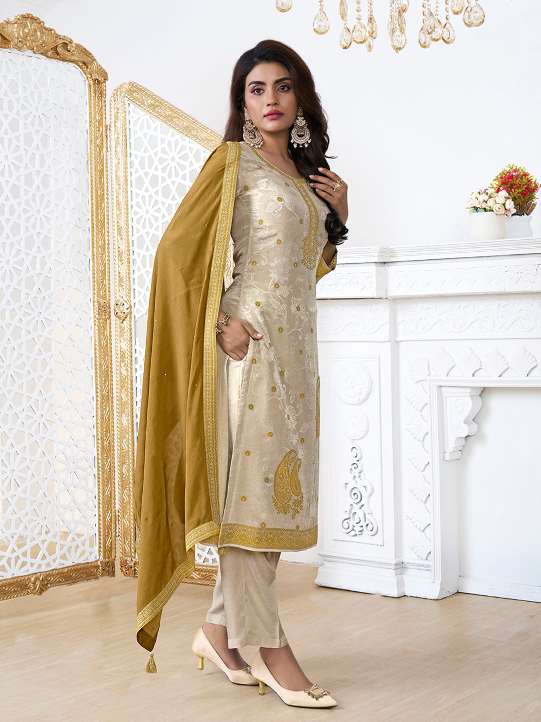 Cream Tissue Embossed Jacquard Kurta Suit Set with Yellow Contrast Dupatta. - qivii
