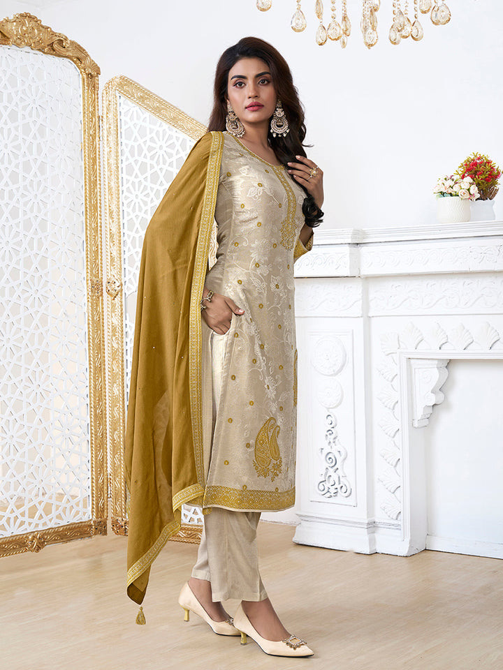 Cream Tissue Embossed Jacquard Kurta Suit Set with Yellow Contrast Dupatta. - qivii