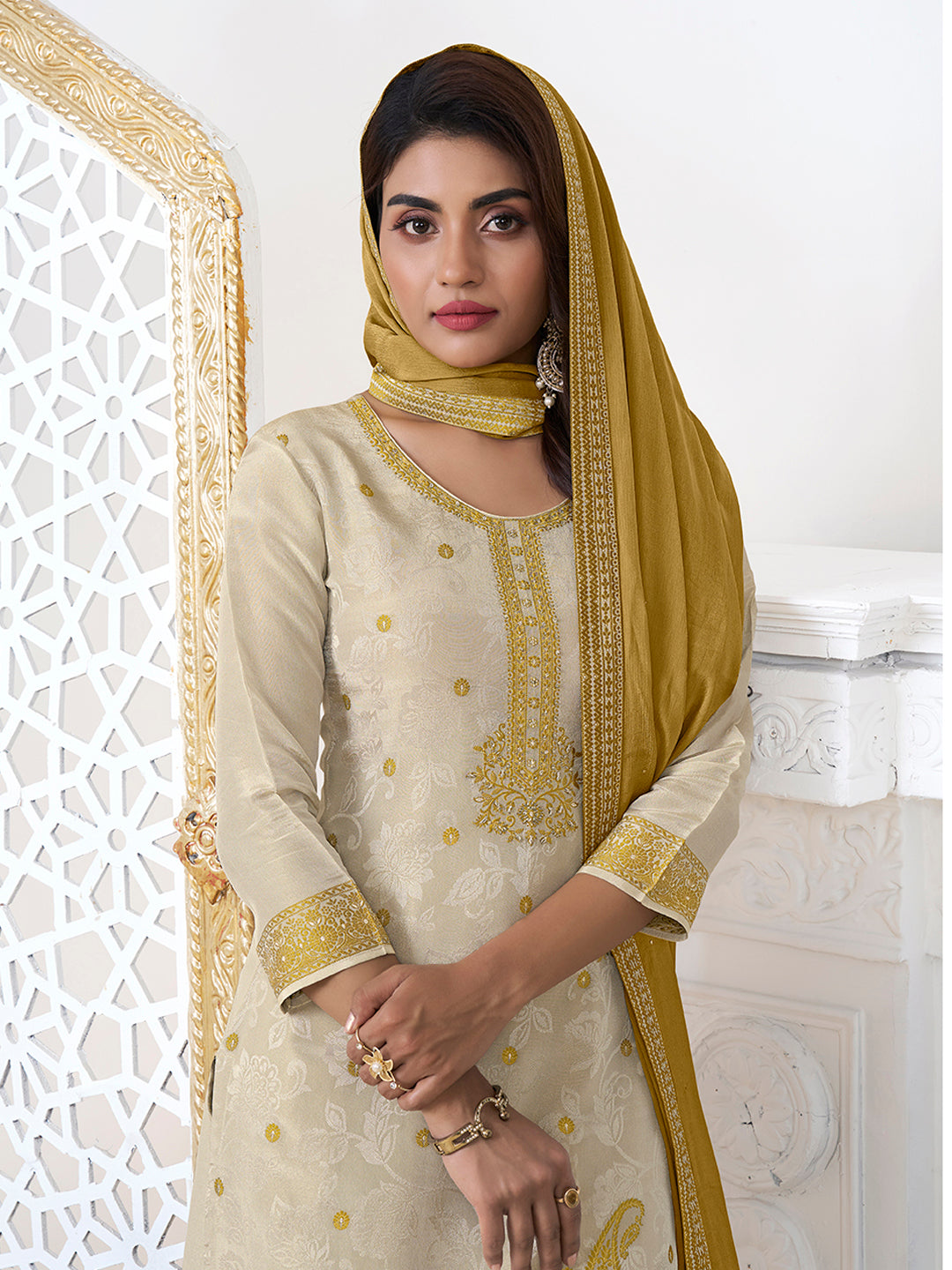 Cream Tissue Embossed Jacquard Kurta Suit Set with Yellow Contrast Dupatta. - qivii