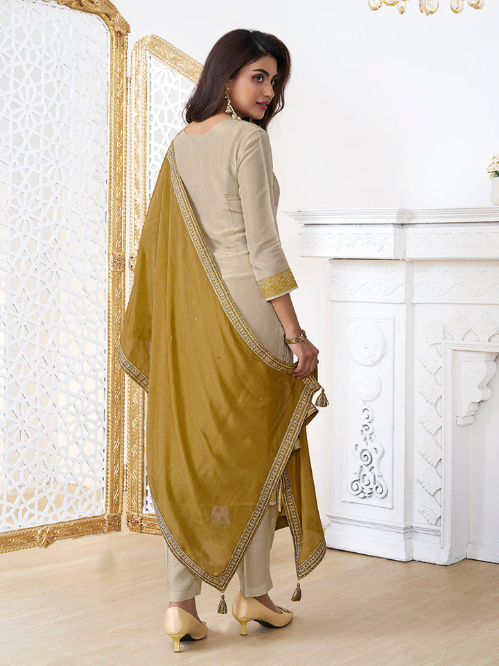Cream Tissue Embossed Jacquard Kurta Suit Set with Yellow Contrast Dupatta. - qivii