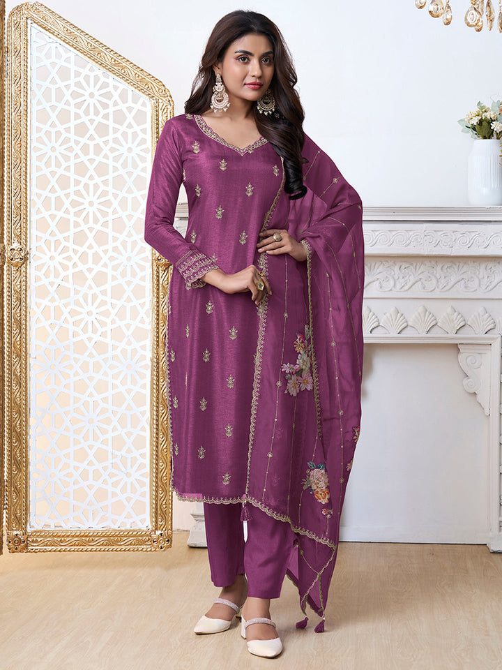 Purple Cutwork Neckline Dola Silk Kurta Suit Set with Floral Applique Dupatta - qivii