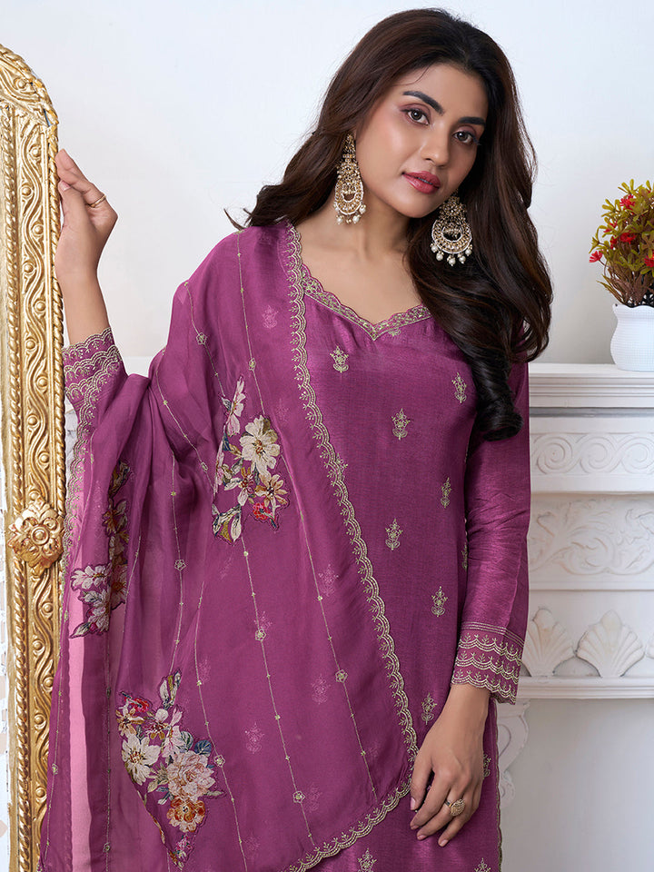 Purple Cutwork Neckline Dola Silk Kurta Suit Set with Floral Applique Dupatta - qivii