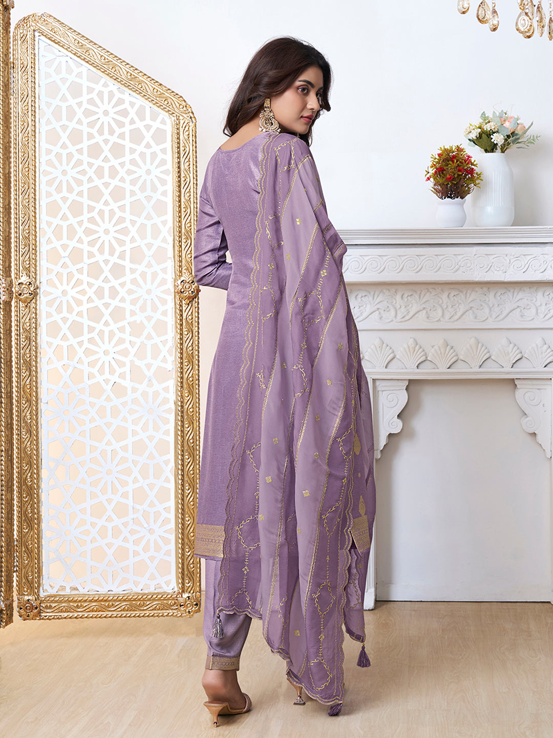 Purple Dola Ethnic Motifs Jacquard with Embroidered Kurta Suit Set - qivii