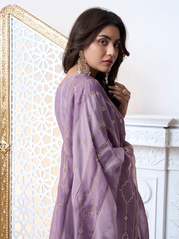 Purple Dola Ethnic Motifs Jacquard with Embroidered Kurta Suit Set - qivii