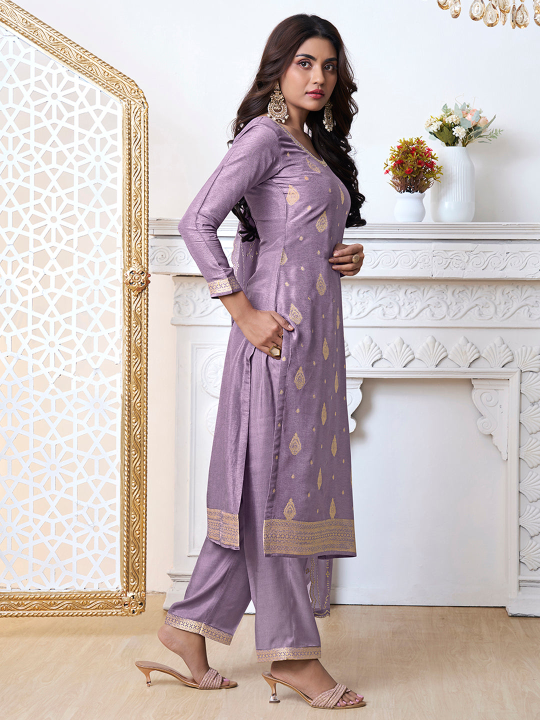Purple Dola Ethnic Motifs Jacquard with Embroidered Kurta Suit Set - qivii