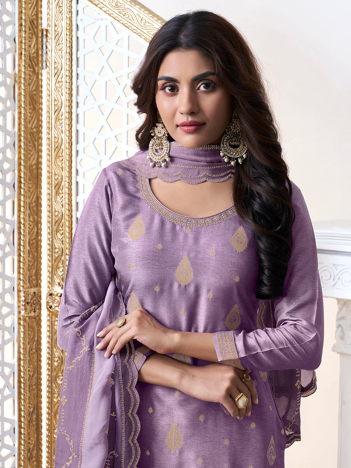 Purple Dola Ethnic Motifs Jacquard with Embroidered Kurta Suit Set - qivii