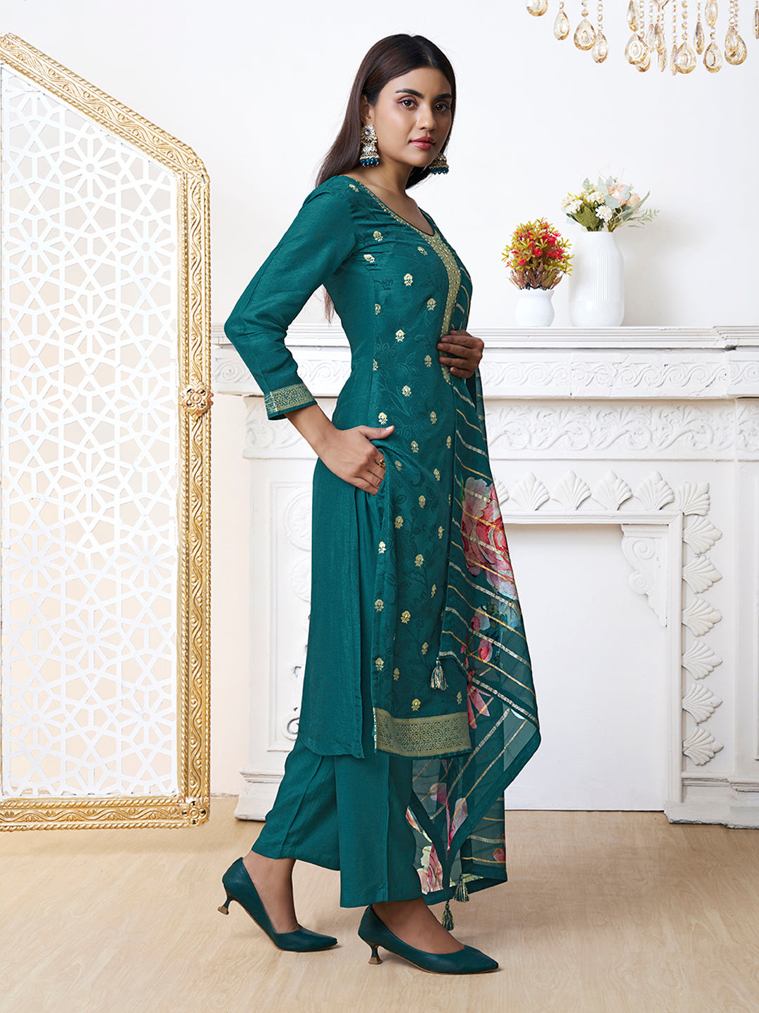 Green Dola Ethnic Motifs Jacquard Kurta Suit Set - qivii